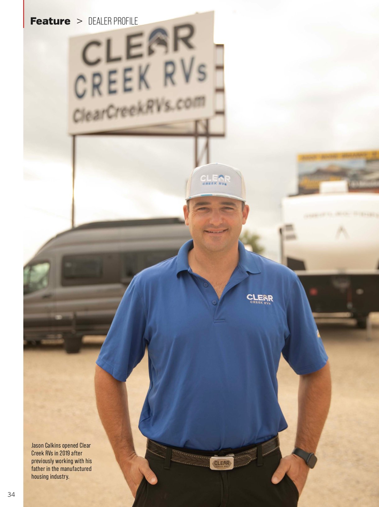 Jason Calkins, owner of Clear Creek RVs, standing in front of the dealership sign in Abilene, Texas