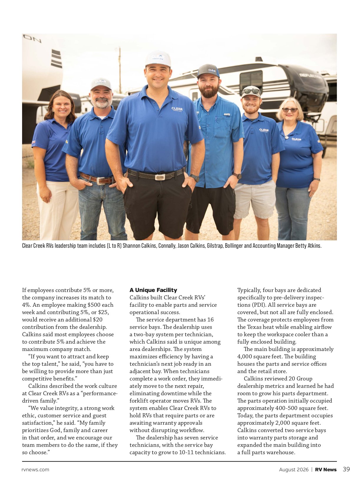 Clear Creek RVs leadership team standing together outside the dealership